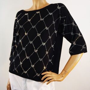 Metric Knits Women Size Large Sweater Black Silver Sparkle Diamonds And Hearts